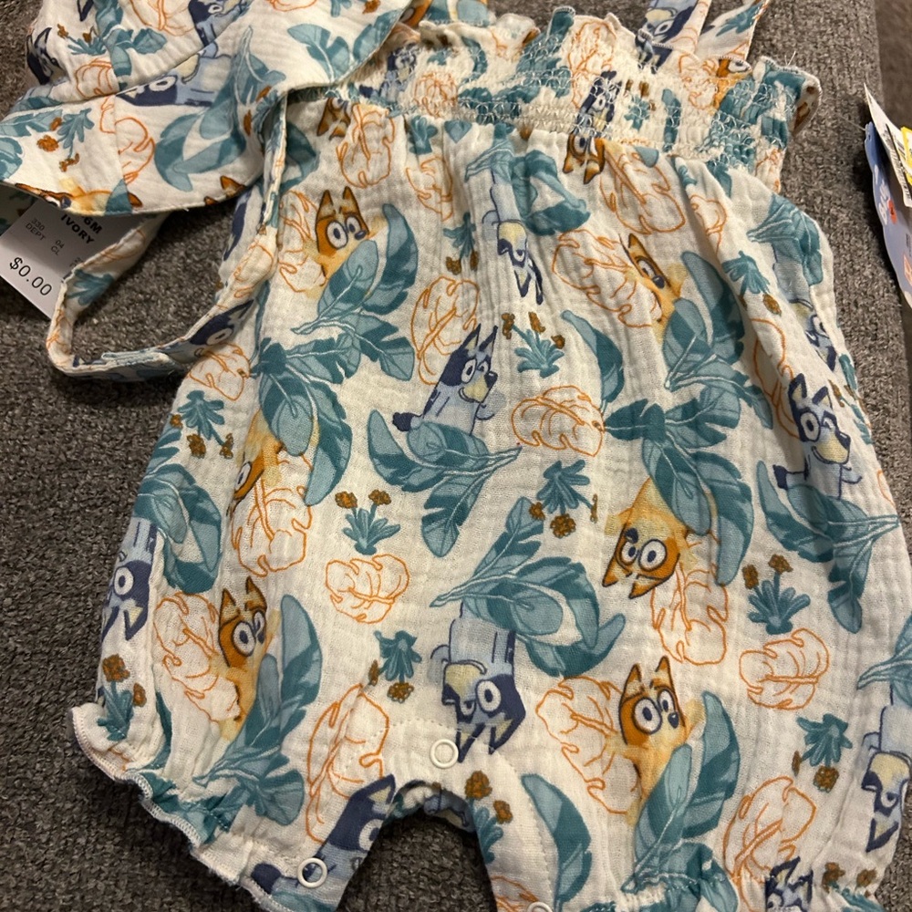 NWT! Adorable Bluey Print Baby Girl Romper With Matching Hat